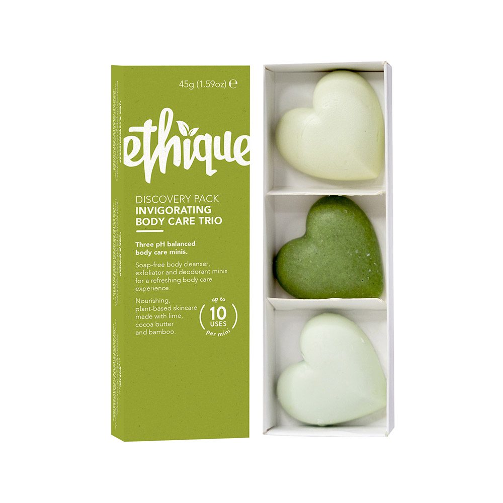 Ethique discovery pack body care trio lime and lemongrass body wash body cleanser lime and ginger scrub exfoliator rustic deodorant